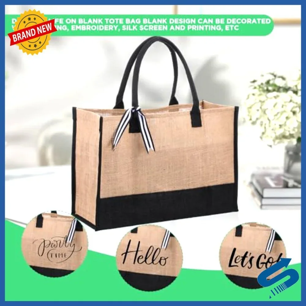 Large Jute Tote Bags Set Natural Canvas Reusable Grocery Beach Travel DIY